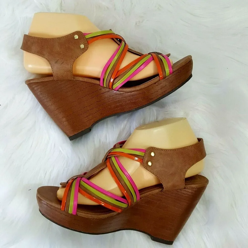 SM New York Wedge Sandal Womens Size 9.5 Divine Multicolor Tan Summer